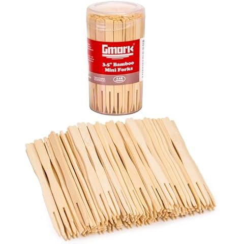 Gmark Bamboo Forks 3.5 Inch 110pc, Mini Food Picks/Bamboo Fruit Picks/Mini Cocktail Forks/Party Forks/Buffet Mini Forks/Two Prongs Cocktail Picks for Appetizer, Cocktail, Pastry, Dessert. GM1031A Cover