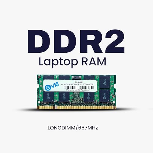 Image of EVM 2GB DDR2 Laptop RAM Memory | 667MHz | PC2-5300 | SO-DIMM | 200-Pin | CL5 | 1.8V Low Voltage | Non-ECC Unbuffered | Notebook Compatible | Intel & AMD Support | 10 Year Warranty (EVMT2G6670S86P)