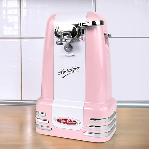 Image of Nostalgia Retro Electric Can Opener for Kitchen with Magnetic Lid Remover, Knife Sharpener, and Soda or Beer Bottle Opener, Pink