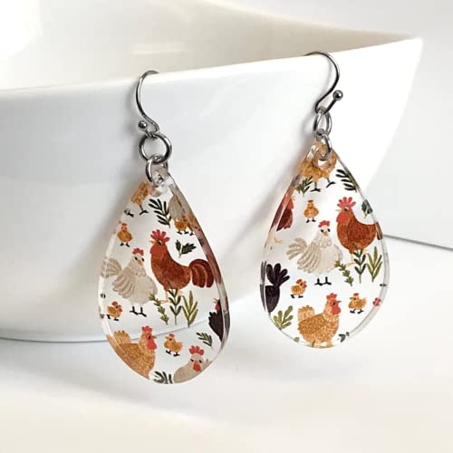 Chicken Patterned Acrylic Dangle Teardrop Earrings For Women Lightweight Hypoallergenic Stainless Steel #TOP1
