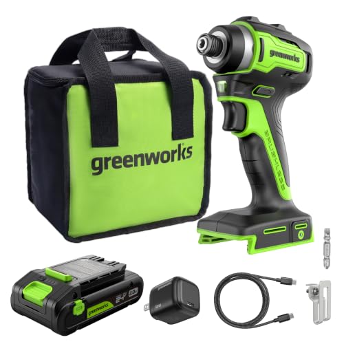 Greenworks 24V Brushless Cordless Impact Driver (1950 in-lbs.), 1/4" Hex Collet, 2.0Ah USB-C Battery, 30W USB-C Charger & 3.3FT Braided Cable, Compatible with iPhone/iPad/Samsung & More