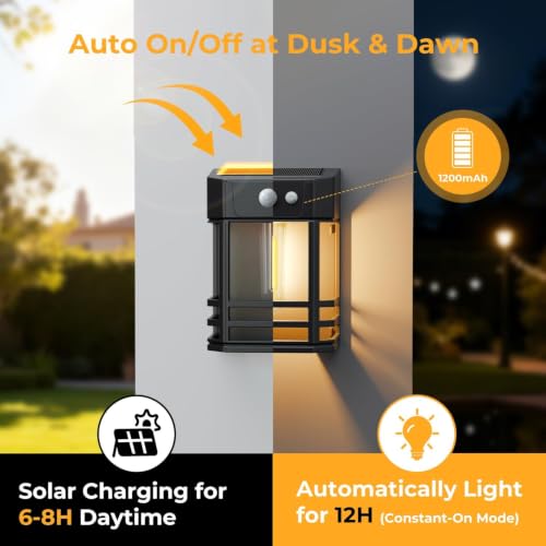 Image of XERGY Solar Powered Outdoor Wall Lights with Motion Sensor, 3 Lighting Modes, 1200mAh Battery, Retro Design, Waterproof, Security Lights for Garden, Deck, Porch, Balcony, Gate (1pc)
