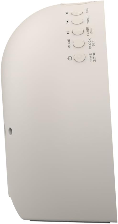 sebelah view of the Emerson CKSS7071 showing control buttons for mode, clock set, tuning, and volume.