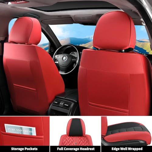 Image of FLORICH Car Seat Covers Full Set, Leather Seat Cover, Front and Rear Seat Covers 5 Seats, Waterproof Car Seat Cushion Protector Accessories for Sedan SUV Pick-up Truck (Red&Black, Full Set)