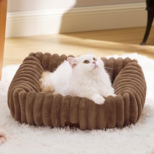 Image of Bedsure ComfyFleece Cute Dog Bed for Small Dogs & Cats,20in Camel Brown | Furry Cat Beds For Indoor Cats,Washable Orthopedic Corduroy Aesthetic Puppy Beds,Removable Cover,Non-Slip Bottom,up to 10 Lbs
