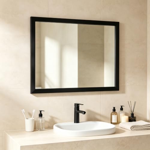 Image of Rectangular Wall Mirror 28x20 Inch Bathroom Mirror for Over Sink, Black