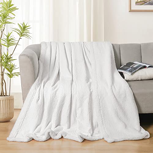Phf Waffle Sherpa Blanket Queen Size, Luxury Warm Plush Flannel Blanket For Winter, No Shed No Pilling Cozy Soft Waffle Weave Fleece Blanket For Bed And Couch, White, 90X90 Inches #TOP3