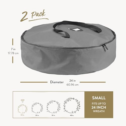 Image of ZOBER 2 Pack Oxford Christmas Wreath Storage Container 24 Inch - Wreath Bag for Artificial Wreaths Box - Waterproof Fabric, Dual Zippered Wreaths Storage Bag With Strong Durable Handles - Gray