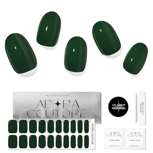 Adora Couture Semi Cured Gel Nail Strips with 20 Pieces, Salon Quality Wraps for Women, Dark Green Glossy UV Gel Stickers, UV Light Required, Midnight Moss