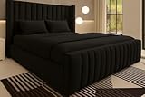 Luxury Chesterfield Winged Panel Bed Frame |- Double King Superking Sizes - Optional Gas Lift & Mattress - UK Made (Black Plush, Double 4ft6 Bed Frame)