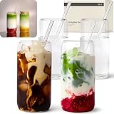 KIVY Set de vasos de cristal con pajita [4x 450 ml] - Vasos de agua, café y matcha - Set de vasos long drink - Vasos de café - Vasos para latte macchiato - Vasos altos para cócteles