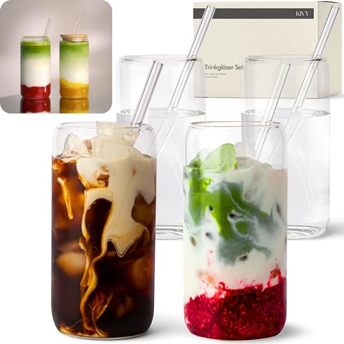KIVY Set de Verres avec Paille [4x 450ml] Verres à Eau, Matcha & Cocktail - Set Longdrink - Verrerie pour Café, Latte Macchiato et Matcha - Verre Élégants