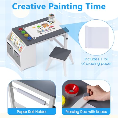 Image of Costzon Kids Art Table and Chairs, Wooden Activity Desk Set w /Paper Roll, 4 Paint Cups, Storage Shelves and 2 Fabric Bins for Drawing Playing, Craft Toddler Table Set for Playroom Nursery & Classroom