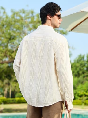 Image of The Souled Store Seersucker: Men and Boys Long Sleeve Spread Collar Striped Lightweight Easy to Style Everyday Office Wear Cotton Relaxed Shirt