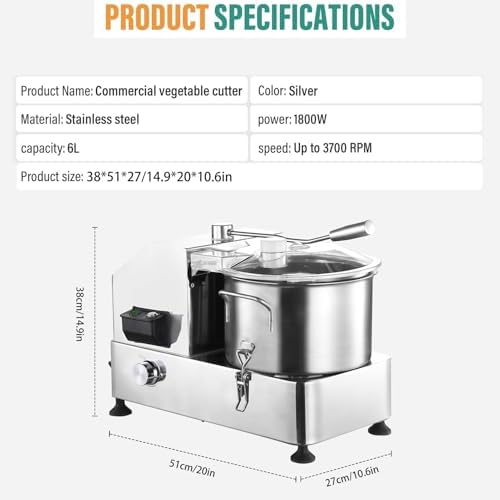 1800W Commercial Food Processor, 12L Stainless Steel Meat & Vegetable Chopper, Adjustable Speed Electric Grinder for Restaurants, Nuts & Grains Shredder