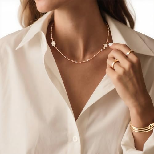 Gold Rosary Beads Cross Necklace - 14k Gold Plated Virgin Mary Necklaces,Non Tarnish Golden Catholic Virgen de Guadalupe Choker Jewelry,Religious Rosarios Catolicos Baptism Confirmation Gift for Women2