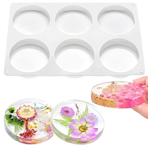 Large Resin Moulds Silicone, 6 Cavity Deep Round Silicone Molds for Epoxy Resin Casting, Reusable Coaster Moulds for DIY Crafts, Cup Mats, Art Projects