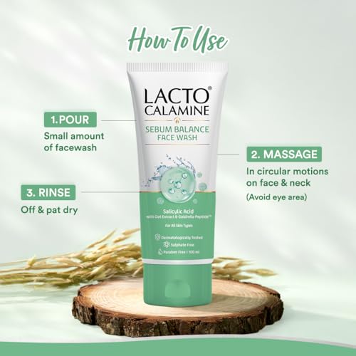 Image of Lacto Calamine Sebum Balance Face Wash| 2% Salicylic Acid, Oat Extract & Goldrella Peptide| Helps reduce acne & soothe irritation| 100 ml