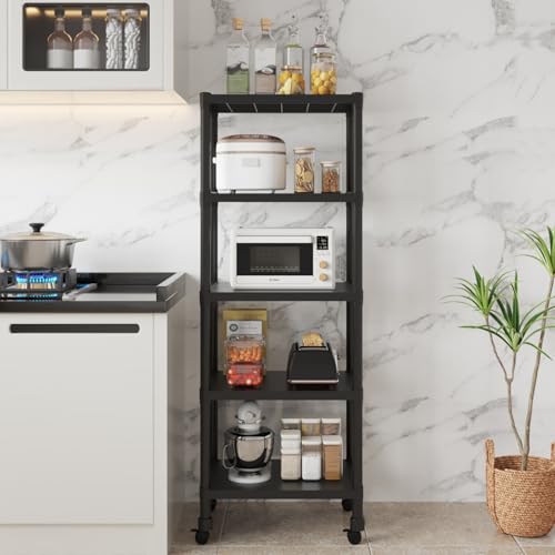 Image of HOME CUBE 5-Tier Storage Shelf with Plastic Shelves with Wheels Kitchen Organizer Rack Microwave Stand Bookshelf Standing Shelf Units Multipurpose Storage Rack for Living Room - 50x35x144 cm