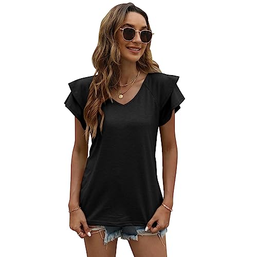 QKEPCY Camiseta Manga Corta Mujer Elegante Blusa Cuello en V Verano Volantes Casual Blusa Basica Camiseta Suelto Tops (Negro XXL)