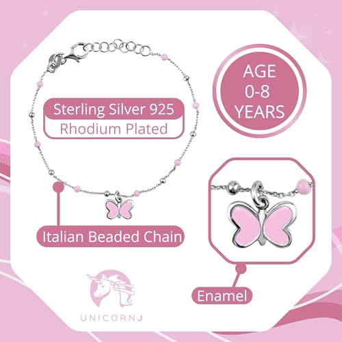 Image of UNICORNJ Sterling Silver Kids Bracelet for Girls Heart Butterfly Charm Enamel Hand Painted | Made in Italy | Bead Chain 6.25 inch