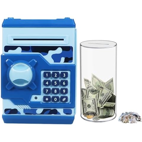 Totola Clear and Unopenable Transparent Piggy Bank with 50 pcs Sticker (Small) + Electronic Piggy Bank Mini ATM for Kids Baby Toy with Password (Camo Blue) Cover