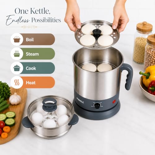 Image of Pringle 1.5L MultiChef Multi Kettle 3-in-1 Multipurpose Cooker | Egg Boiler, Steamer & Idli Maker | SS Stand | 1350W | 360 Rotating Base | 1 Yr Onsite Warranty | Silver
