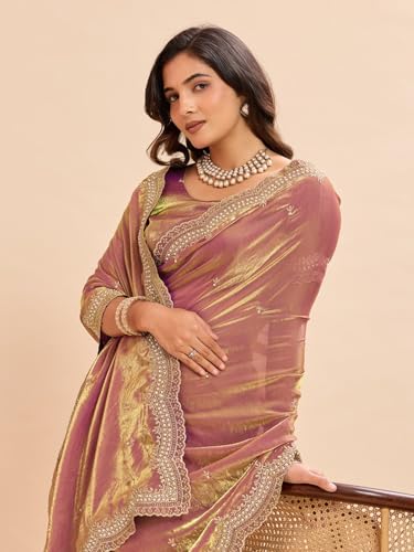 Image of Embellished Embroidered Pure Chiffon Heavy Work Saree