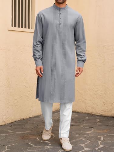Image of Runcati Mens Kaftan Robe Button Down Long Sleeve Cotton Linen Thobe Casual Muslim Gown Henley Shirt