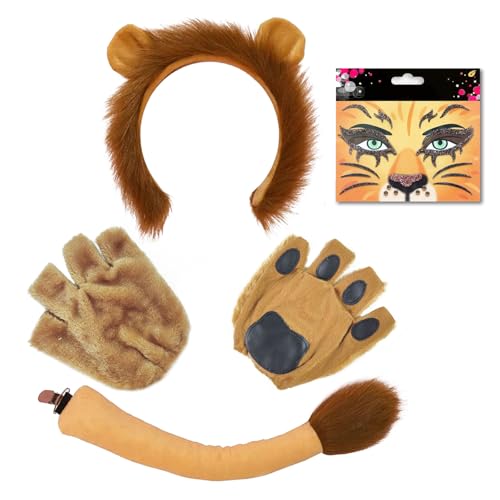 TUONYIS 4 Piezas Disfraces Rey Leon Accesorios,Orejas Diadema Guantes Cola y Kit de Pintura Facial,Disfraz de Animal para Niños y Adultos para Cosplay Cumpleaños Actuaciones Halloween (Naranja)