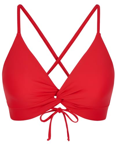 Twist Front Crisscross Back Bikini Top V Neck Self Tie Padded Swimsuit Bathing Suit Tops Only for Women Red