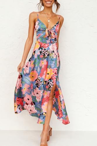 Image of Fashionme Women Spaghetti Strap Midi Satin Dresses Tie Front Backless Slit Cutout Dress Semi-Formal /Casual Flowy Lightweight