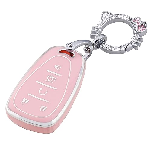 Image of Pangpai Pink Key Fob Cover for Chevy, Soft TPU Key Case Protection with Bling Keychain Fit for Chevrolet Equinox Malibu Camaro Traverse