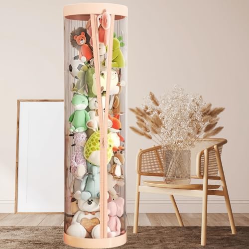 Flarelyare Stuffed Animal Storage Tube,Stuff Animal Organizer,Stuffed Animal Zoo Storage ,Stuffed Animal Zoo Storage, PET Transparent Bucket with Zipper for Kids (Pink)