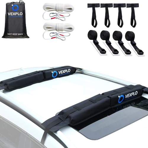 Vexplo Soft Kayak Roof Rack Pads for Car Carring Kayak Surfboard SUP Canoe, Foldable Soft Roof Rack for Kayaks for Car with Enhanced Safety Tie Down Accessories