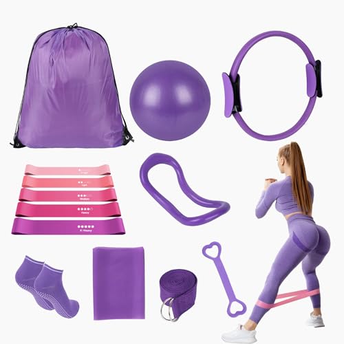 13 Pcs Pilates Essentials Kit for Women, Home Workout Equipment Set with 9.8” Ball, Magic Circle, Accessories, Perfect for Beginners to Toning & Fitness (Purple)