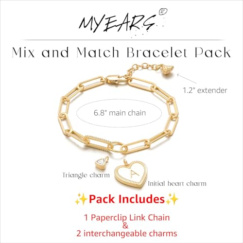 Image of MYEARS Valentines Day Gifts for Women - Gold Initial Bracelets for Women Trendy 14K Gold Plated Heart Letter A-Z Charm Bracelets Paperclip Chain Personalized Jewelry Birthday Gifts for Her