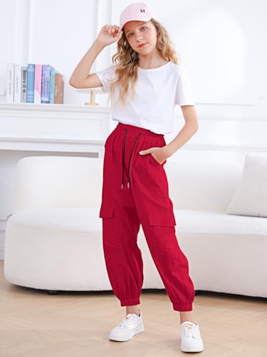 Image of Girls Cargo Pants Elastic Waist Casual Jogger Pants for Girls Streetwear Loose Parachute with Pockets 7-14Years
