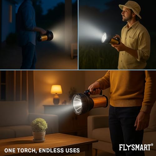 Image of Flysmart Heavy Duty LED Searchlight Long Range + Side Tube Emergency(Range Upto 1 Km.)with Multi-Functional + Blinker Rechargeable Handheld Torch(Metal 450 Watt)With Flora Ultra Durable AA Handy Torch