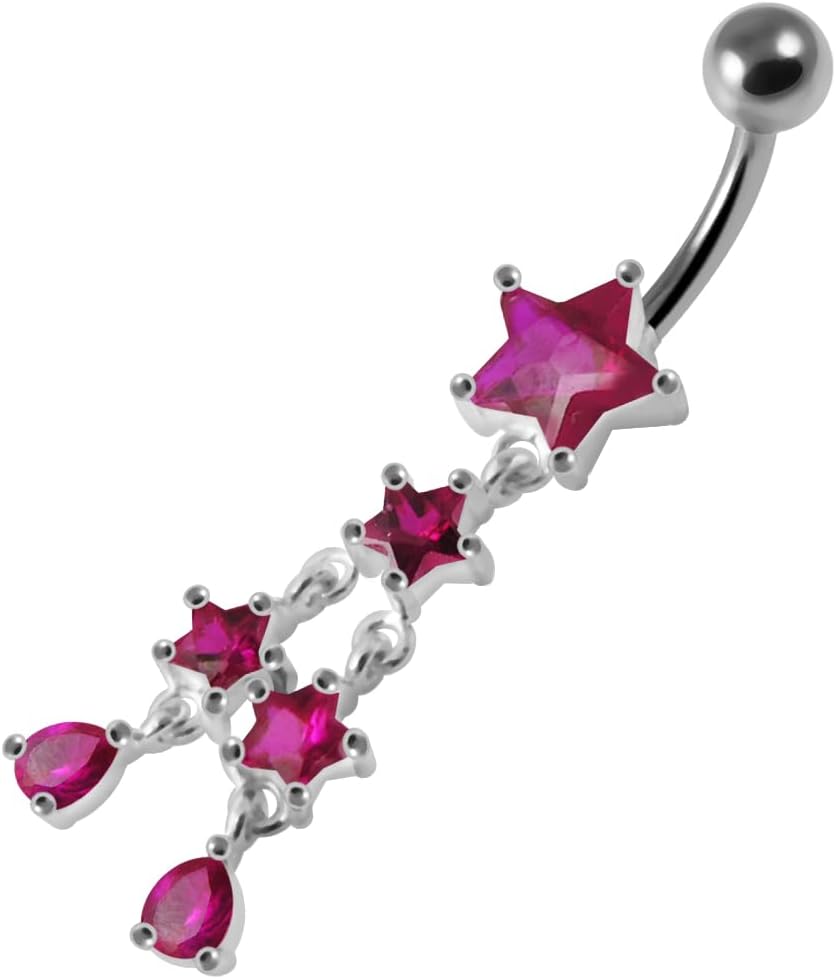 Stylish 4 Star with Teardrop Dangling Design 925 Sterling Silver with Stainless Steel Belly Ring - Belly Button jewelry - Navel jewelry