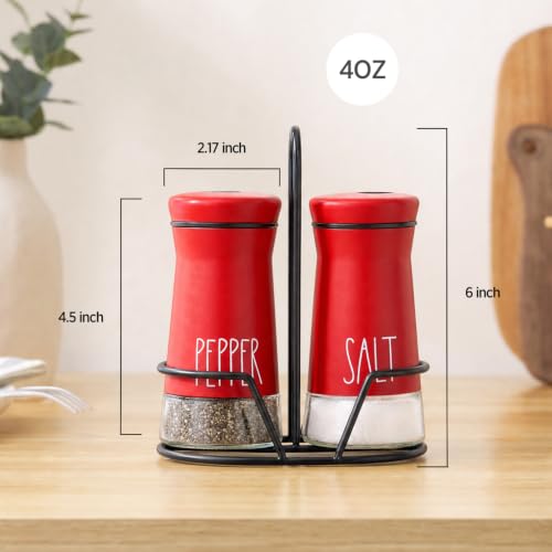 Image of Aelga Farmhouse Salt & Pepper Shakers with Holder, Adjustable Holes - Red | 4oz glass body, wide mouths for easy refills and cleaning, closed lids help keep spices fresh for kitchen and dining use.