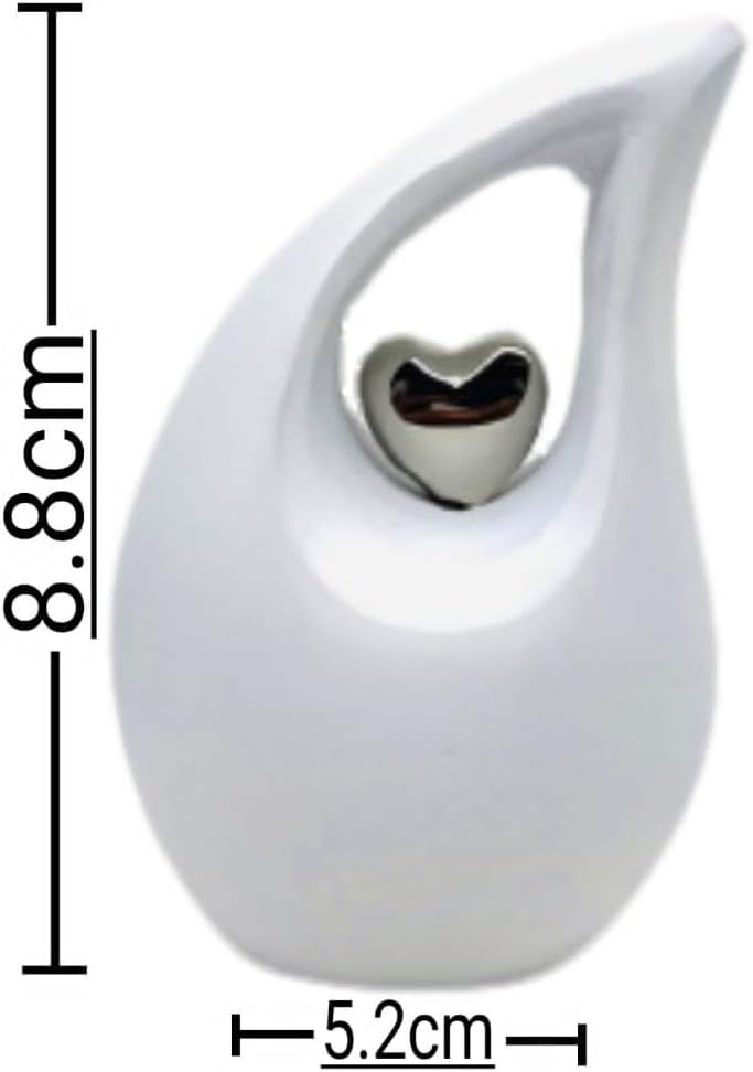 White Teardrop Small Urns for Human Ashes/Mini Urn with Sky Blue Heart/Cremation Keepsakes for Ashes/Ash Holders (White Matte, Extra Small - EXS (3 Cu in))