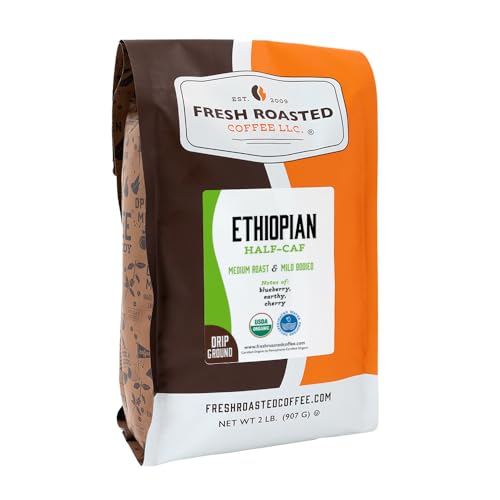Image of Fresh Roasted Coffee, Organic Ethiopian Water-Processed Half-Caf Drip Ground Coffee, Medium Roast, USDA Organic, 100% Single Origin, Kosher, 2 lb (32 oz)