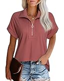 Vivilli Women's Business Casual Zipper Collared Short Sleeve Tunic Top - Carmine, Large