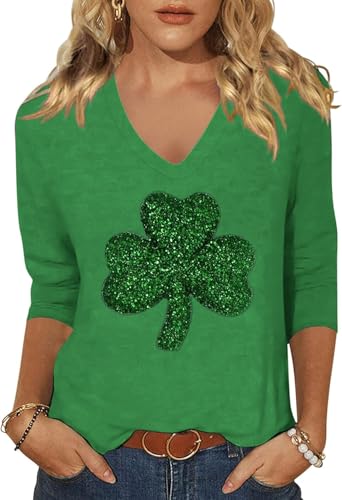 Image of Woffccrd Womens 3 /4 Sleeve V Neck T-Shirts Valentina's Day Spring Shirts Love Heart Printed Graphic Tees