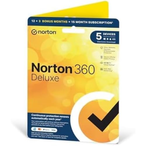 Norton 360 Deluxe 2024, Antivirus Software for 5 Devices, 50GB, 15 Month Subscription ‎with ‎Automatic Renewal