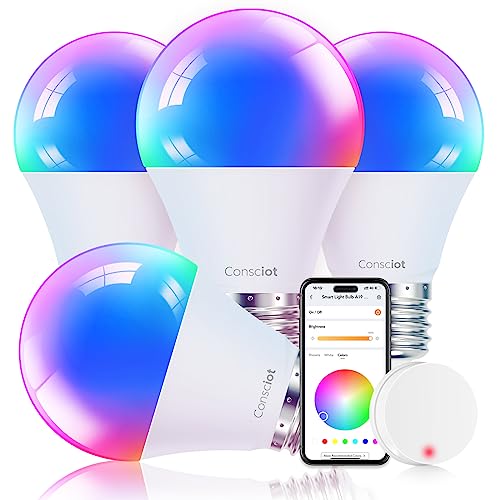 Consciot Smart Light Bulbs with Remote Control, LED Light Bulb That Compatible with Alexa & Google Home A19 E26 2.4Ghz WiFi Light Bulbs 60 watt Equivalent 800lm Dimmable 4 Pack