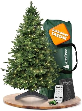 ArtiTree Künstlicher Weihnachtsbaum mit Beleuchtung 180 cm – Nordmanntanne | Premium Nordmanntanne aus 100 % PE-Spritzguss mit warmweißen LEDs, realistischer Stammoptik, Biegeästen