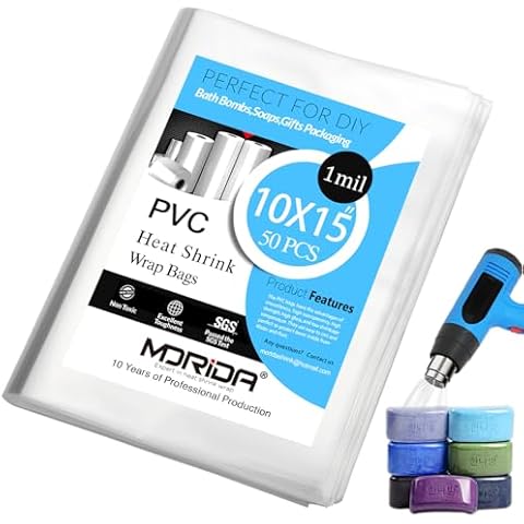 MORIDA 50 pcs 10X15 inch PVC Heat Shrink Wrap Bags 100 Gauge, Clear Film for Gifts, Bottles, DIY Handmade Crafts, Dustproof Packaging Cover