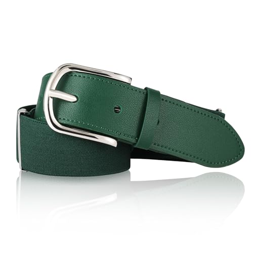 AWAYTR Adult and Youth Baseball Belt - Elastic Adjustable Softball Uniform Belts for Kids Boys and Girls (Silver-Dark Green Youth: fit waist 20 - 34 (Rec 4-15yrs))